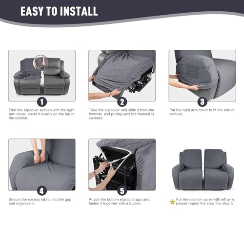 KinCam Recliner Covers, Stretch Reclining Chair Covers, Recliner Sofa Slipcovers Stripe Jacquard Recliner Couch Covers Furniture Protector Covers for Pet Kid (2 Seater, Dark Gray) - Image 5