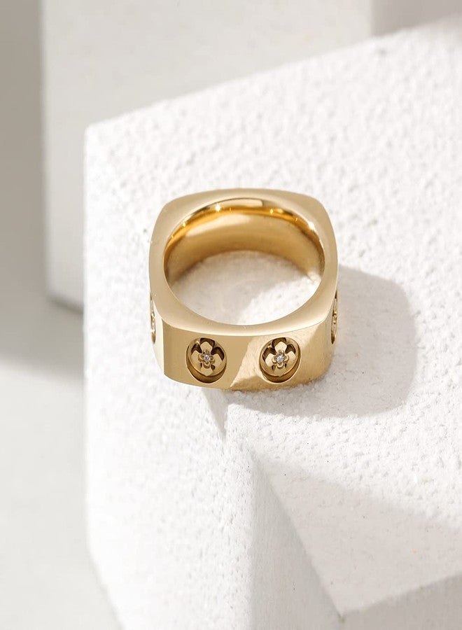 WISTIC 18K Gold Rings for Women Non Tarnish, Vintage Statement Cocktail Cubic Zirconia Ring, Gold Plated Stainless Steel Chunky Rings, Fashion Finger Jewelry Size 7 - Image 4
