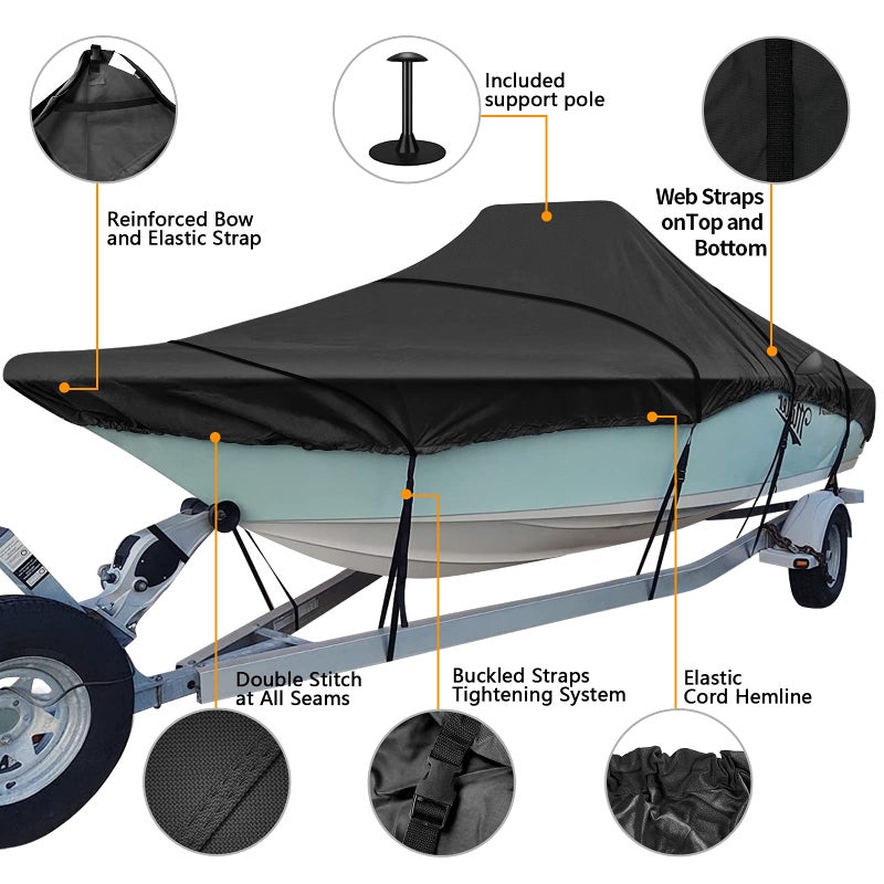 iCOVER Center Console Boat Cover, 600D Heavy Duty Marine Grade Waterproof Tear Resistant Boat Covers, Fits Boats 17'-19' Long Beam Width up to 102", Trailerable Boat Cover with Support Pole, Black - Image 2
