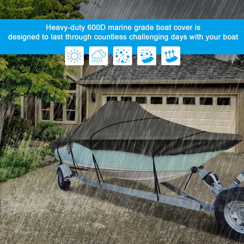 iCOVER Center Console Boat Cover, 600D Heavy Duty Marine Grade Waterproof Tear Resistant Boat Covers, Fits Boats 17'-19' Long Beam Width up to 102", Trailerable Boat Cover with Support Pole, Black - Image 3