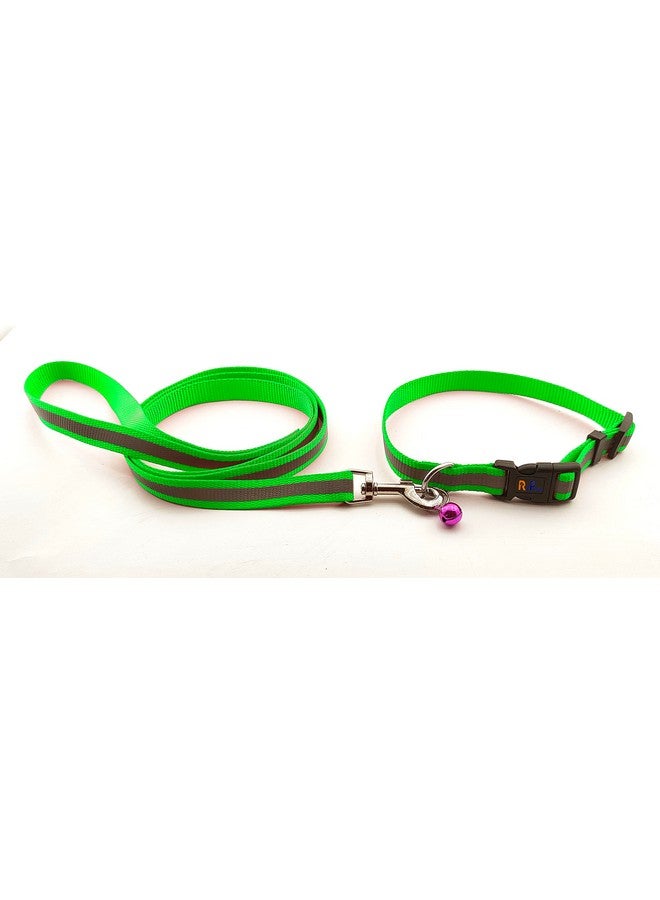 Imported Small Breed Dog Adjustable Reflective Nylon Dog Collar And Leash Set Included Bell For Puppies, Cats And Dogs 15Mm, (Neon Green)