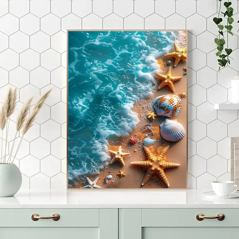 KINPLUB Beach Diamond Painting Kits for Adults, 5D Seashell Starfish Diamond Art Kits for Beginners, DIY Full Round Drill Paint by Diamonds, Home Wall Decor 12 x 16 Inch - Image 2