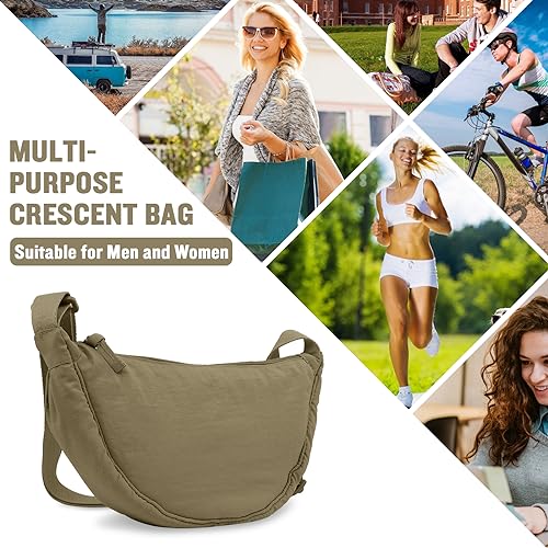 EVGLOW Nylon Crescent Crossbody Bag for Women Purses Trendy Men,Small Travel Sling Bag Hobo,Lightweight Fanny Pack with Zipper Adjustable Strap,Round Soft Shoulder Pouch Bag for Everyday Use Sport(Khaki) - Image 5