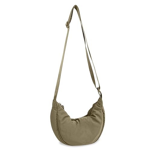 EVGLOW Nylon Crescent Crossbody Bag for Women Purses Trendy Men,Small Travel Sling Bag Hobo,Lightweight Fanny Pack with Zipper Adjustable Strap,Round Soft Shoulder Pouch Bag for Everyday Use Sport(Khaki) - Image 1