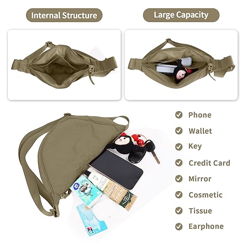 EVGLOW Nylon Crescent Crossbody Bag for Women Purses Trendy Men,Small Travel Sling Bag Hobo,Lightweight Fanny Pack with Zipper Adjustable Strap,Round Soft Shoulder Pouch Bag for Everyday Use Sport(Khaki) - Image 4