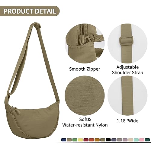 EVGLOW Nylon Crescent Crossbody Bag for Women Purses Trendy Men,Small Travel Sling Bag Hobo,Lightweight Fanny Pack with Zipper Adjustable Strap,Round Soft Shoulder Pouch Bag for Everyday Use Sport(Khaki) - Image 3