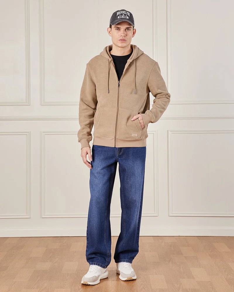 Redtag Men Beige Faux Fur Lined Hooded Sweatshirt