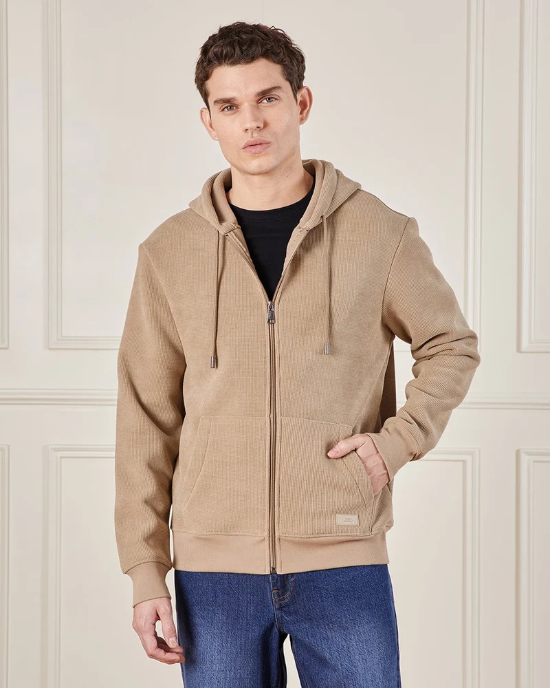 Redtag Men Beige Faux Fur Lined Hooded Sweatshirt