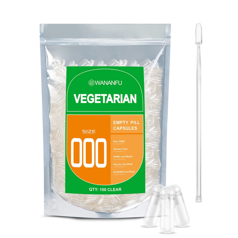 WANANFU Size 000 Empty Capsules Vegetarian 100 Count Bundle with Micro Lab Spoon Clear Fillable Veggie Pill Capsules 000 for Making Your Own Supplements