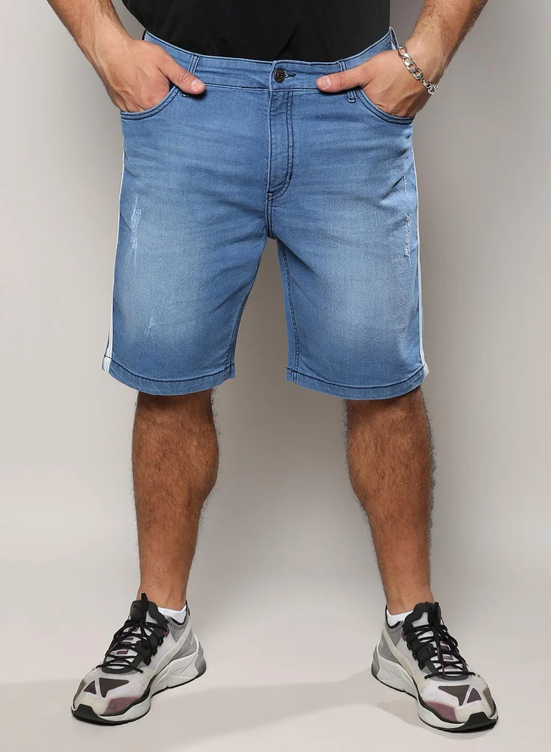 Instafab Plus Instafab Plus Men's Light Blue Side-Striped Denim Shorts For Casual Wear | Light-Wash | 5 Pockets | Button Closure | Denim Shorts Crafted With Comfort Fit For Everyday Wear