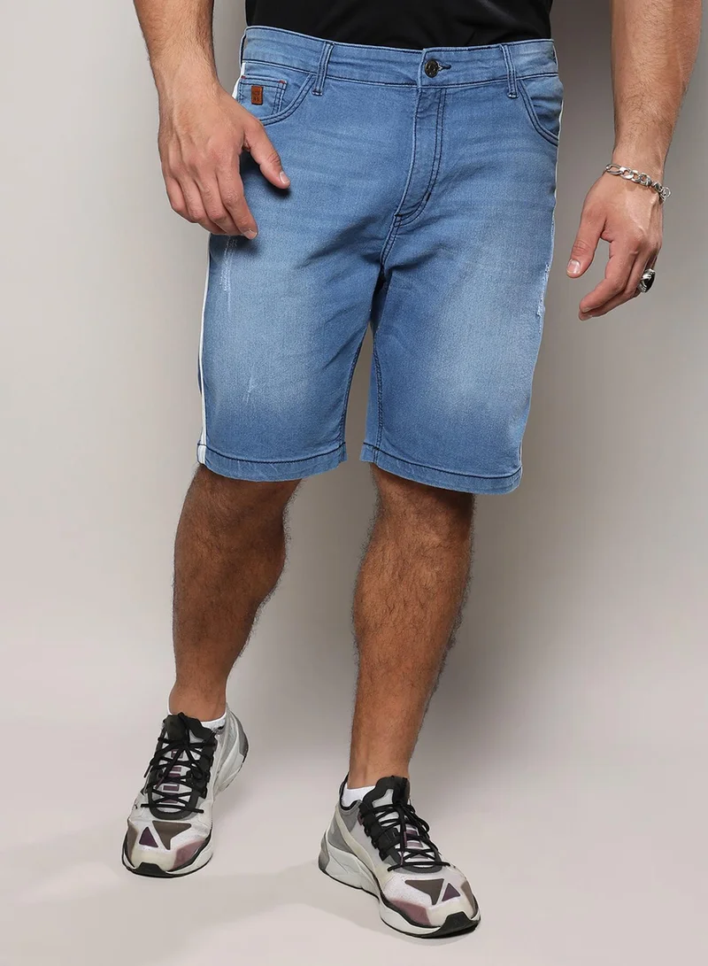 Instafab Plus Instafab Plus Men's Light Blue Side-Striped Denim Shorts For Casual Wear | Light-Wash | 5 Pockets | Button Closure | Denim Shorts Crafted With Comfort Fit For Everyday Wear