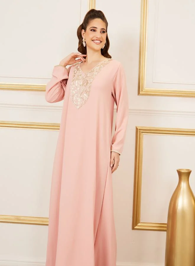 ستايلي Embroidered Neckline Textured Jalabiya