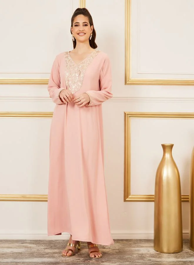 ستايلي Embroidered Neckline Textured Jalabiya