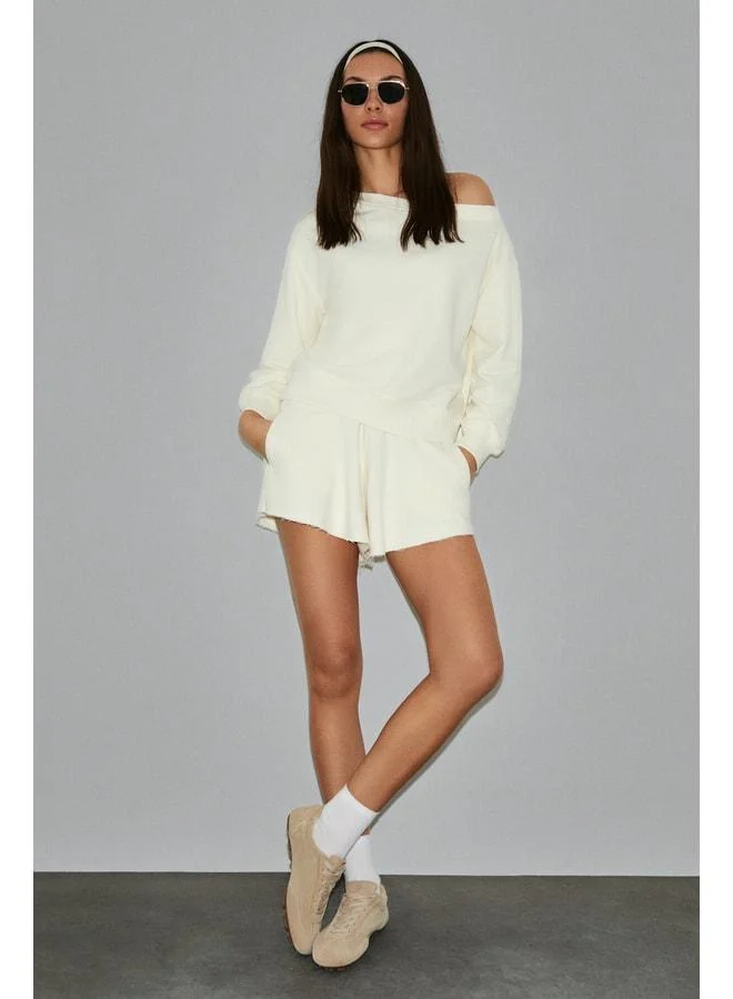 PUNNUET Women's Organic Cotton Boat Neck Waist Elastic Double Pocket Relaxed Ecru Top and Bottom Set.