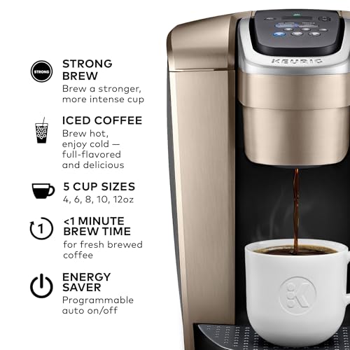 Keurig صانعة القهوة كوريغ K-Elite ذات الكوب الواحد، مع تحكم في القوة ودرجة الحرارة، إمكانية تحضير القهوة المثلجة، حجم التحضير من 8 إلى 12 أونصة، قابلة للبرمجة، ذهب مصقول - Image 2