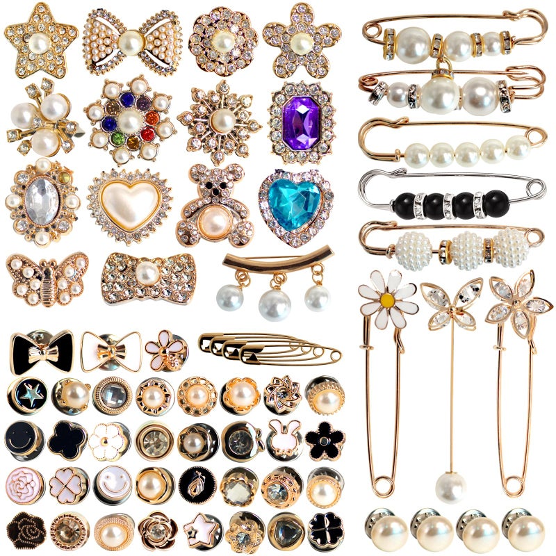 Bayurht 100PCS Junk Socks Charms Socks Safety Pin Brooch Kit Bling Gold Jewelry Shoe Charms Women Brooch Pins Pearl Junk Sock Charm for Hat Shoe Clothes Rhinestone Kit DIY Crafts - Image 1