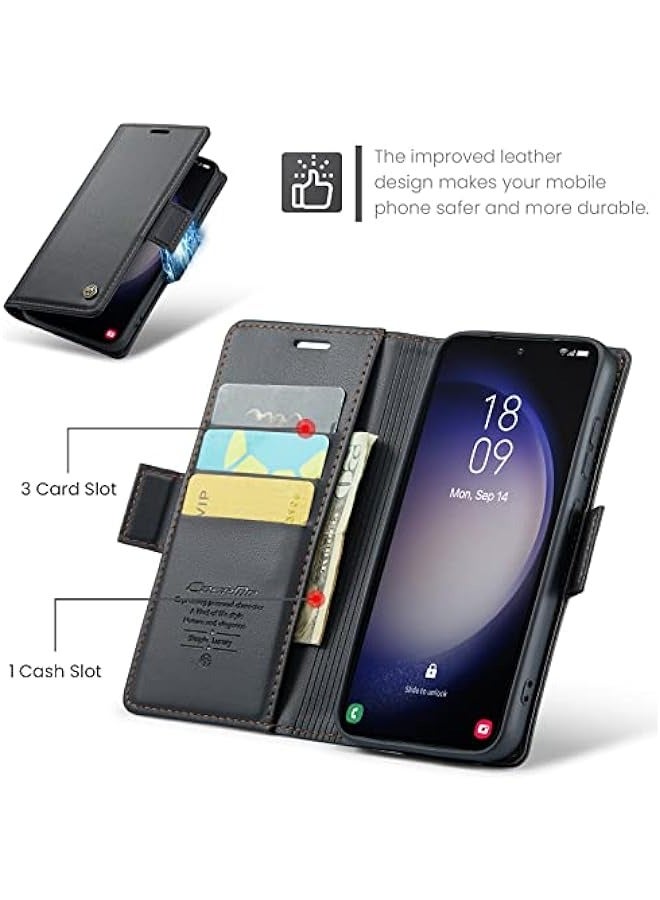 Premium PU Leather Wallet Case for Samsung Galaxy S24 - RFID Blocking, Credit Card Slots, Kickstand, Shockproof Protective Phone Cover - Black - Image 2
