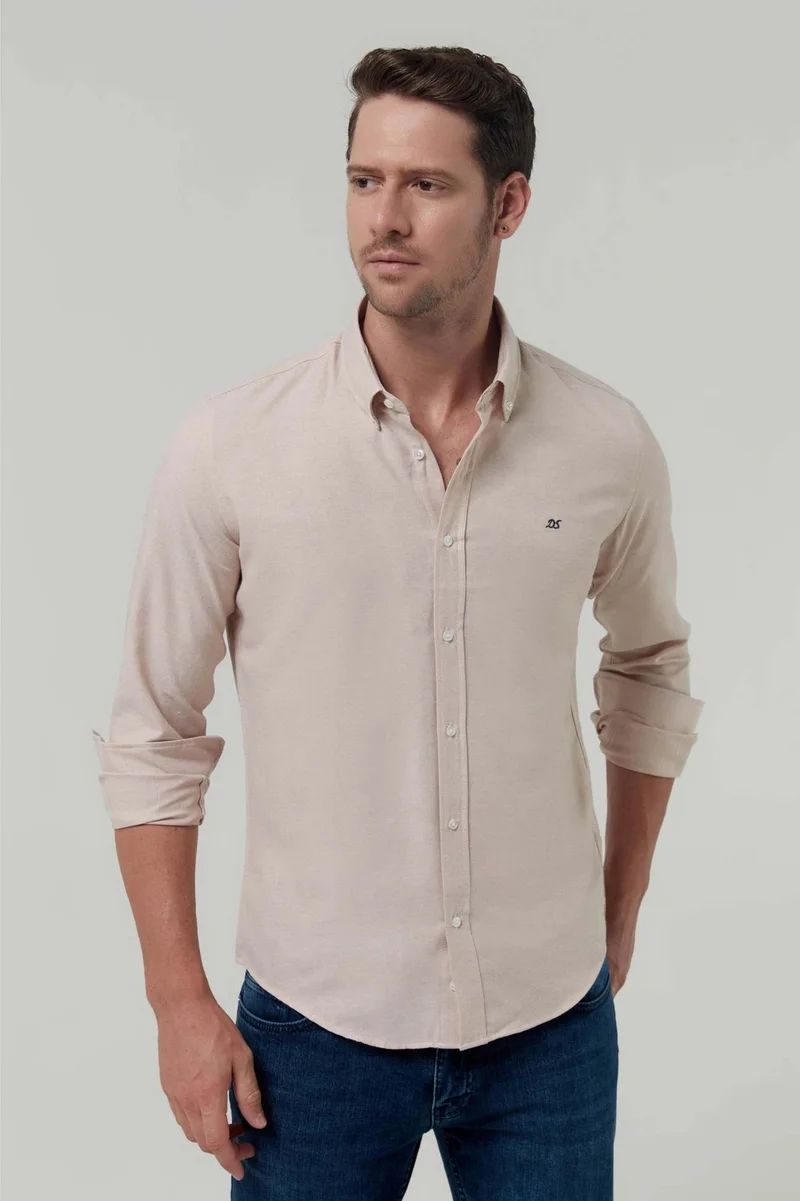 D'S DAMAT Slim Fit Beige Oxford Button-down Collar Easy Iron Embroidered Detailed Cotton Shirt 4HC02ORT03265
