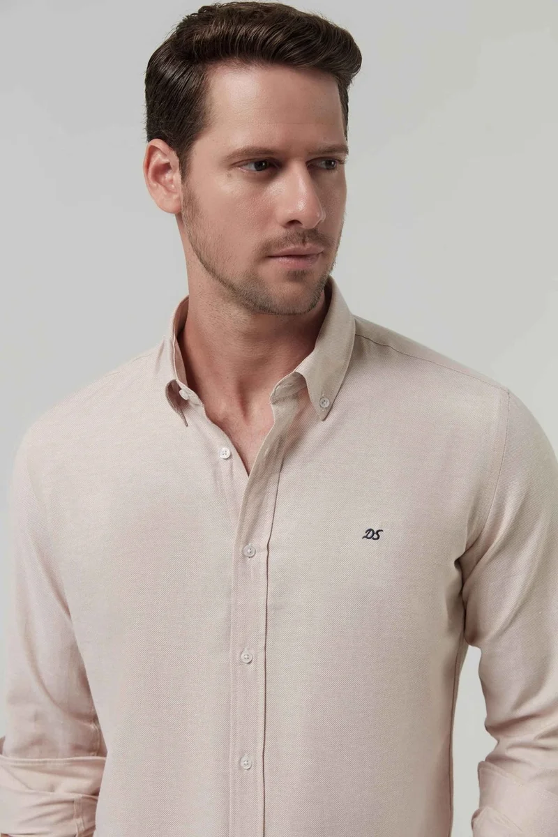 D'S DAMAT Slim Fit Beige Oxford Button-down Collar Easy Iron Embroidered Detailed Cotton Shirt 4HC02ORT03265