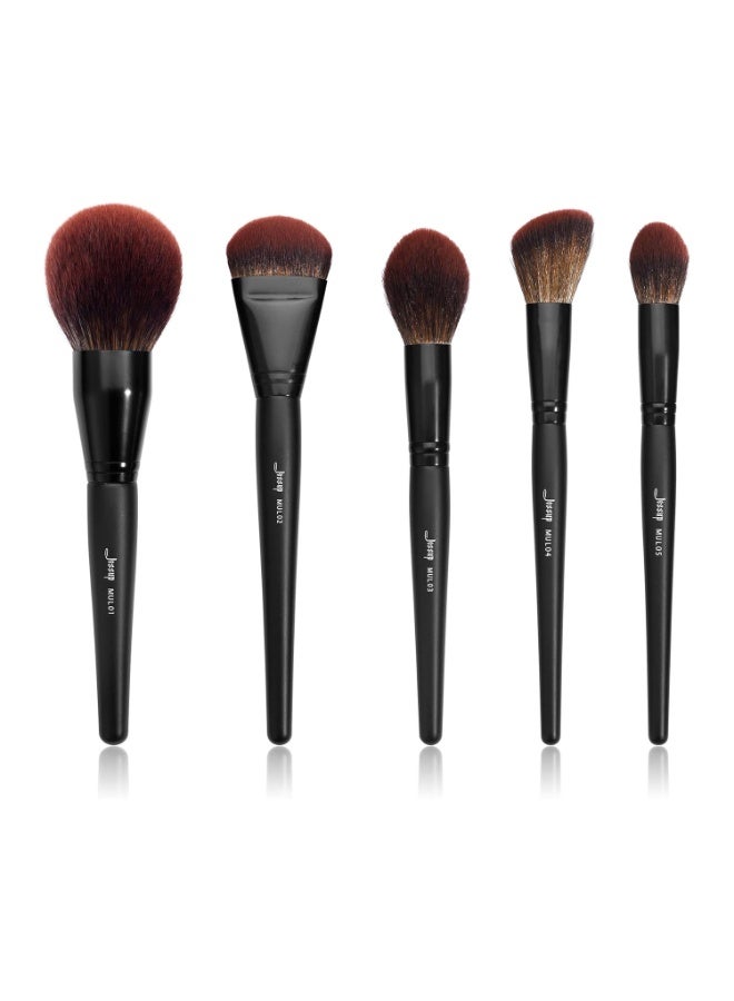 جيساب مجموعة فرش مكياج الوجه الاحترافية الكبيرة من جيسوب، 5 قطع، فرشاة كريم أساس، بودرة، كونتور، أحمر خدود، هايلايتر، لون أسود T273 - Image 1