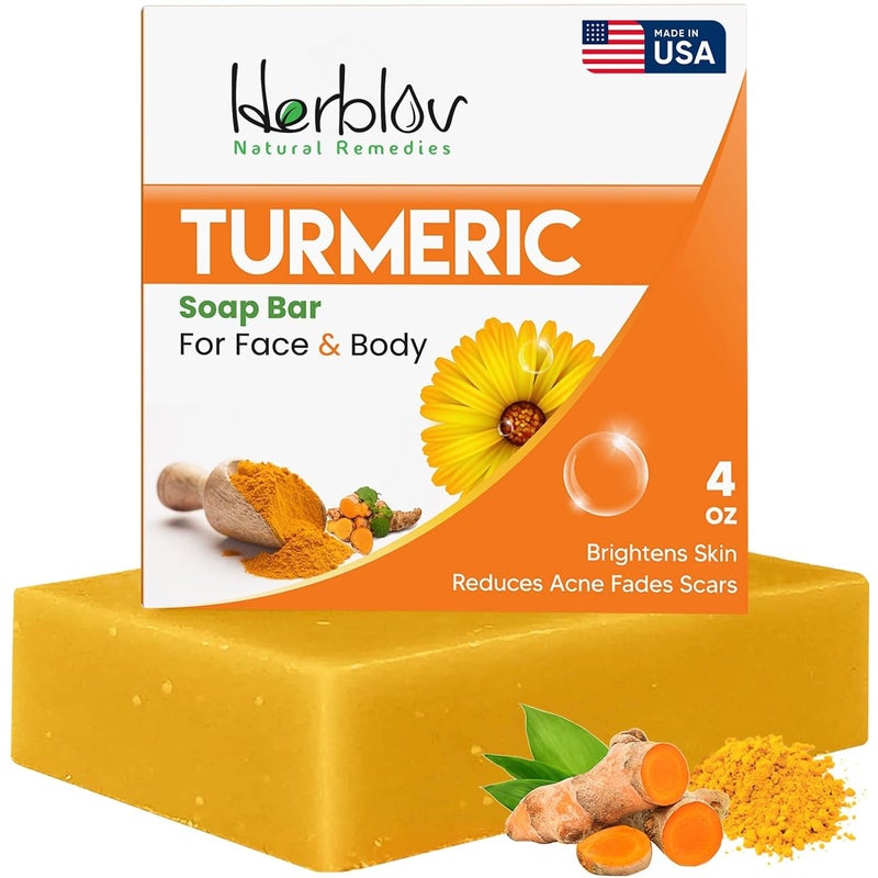 Herblov Turmeric Soap Bar for Face Body Natural Turmeric Skin Soap Wash for Dark Spots Intimate Areas Underarms Brightening Face Cleanses Skin Great for Acne Scars - Image 1