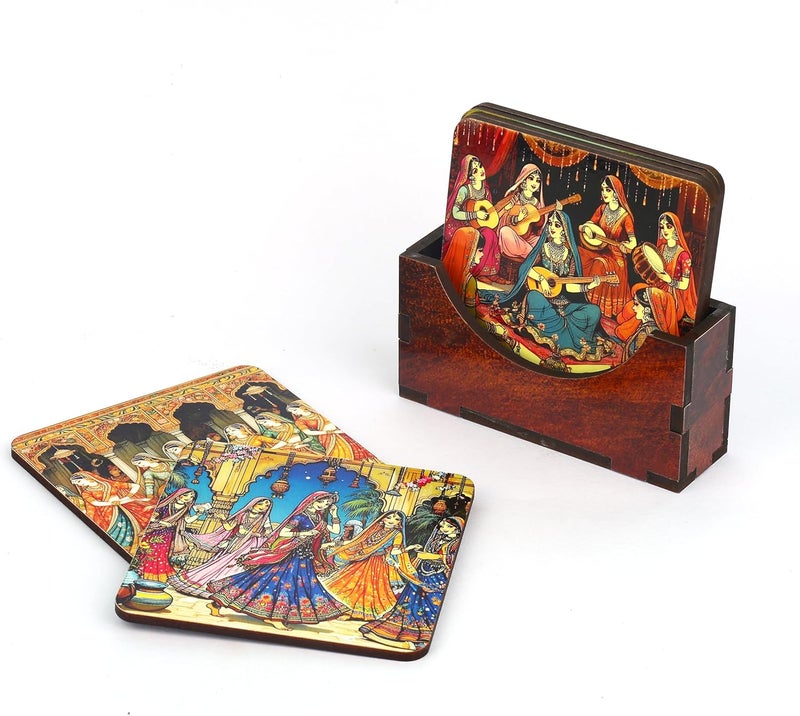 Zepdos Handmade Wooden Coasters Set with Holder – Ethnic Rajasthani Art Print | Heat Resistant Tea Coffee Cup Coasters | Decorative Tableware Gift (Set of 6) - Image 2