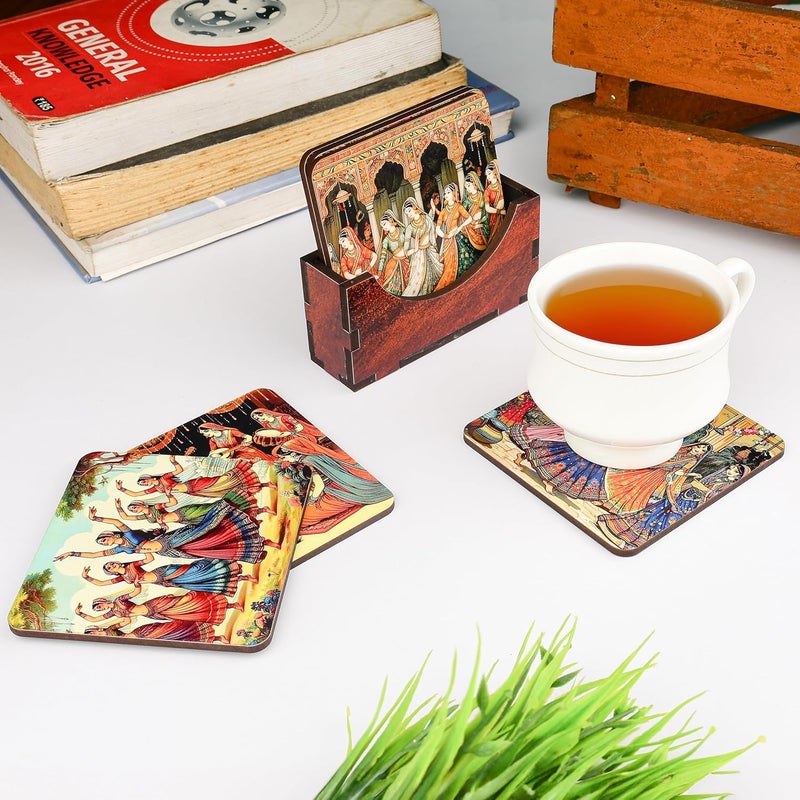 Zepdos Handmade Wooden Coasters Set with Holder – Ethnic Rajasthani Art Print | Heat Resistant Tea Coffee Cup Coasters | Decorative Tableware Gift (Set of 6) - Image 3