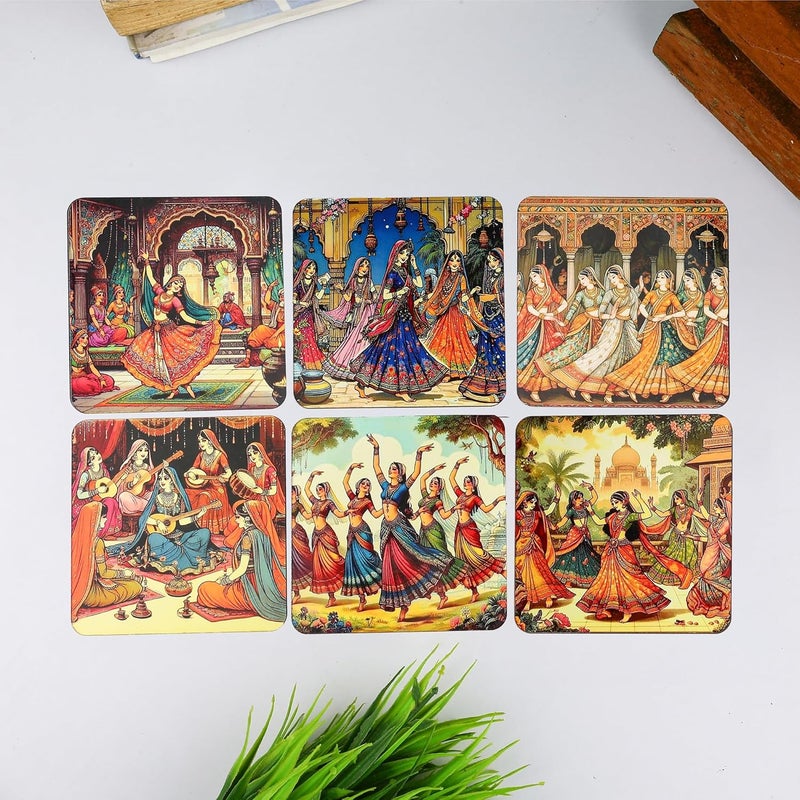 Zepdos Handmade Wooden Coasters Set with Holder – Ethnic Rajasthani Art Print | Heat Resistant Tea Coffee Cup Coasters | Decorative Tableware Gift (Set of 6) - Image 4