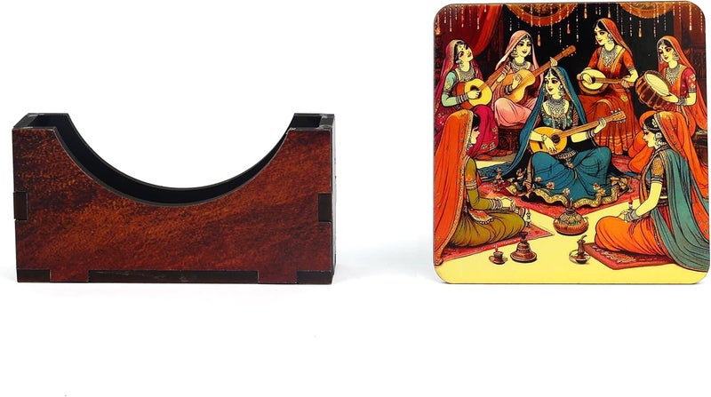 Zepdos Handmade Wooden Coasters Set with Holder – Ethnic Rajasthani Art Print | Heat Resistant Tea Coffee Cup Coasters | Decorative Tableware Gift (Set of 6) - Image 5