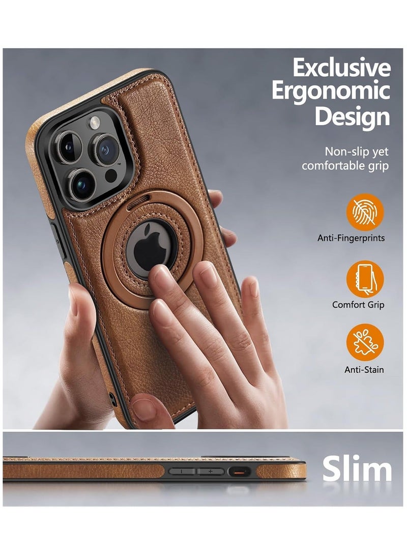 CoomBe iPhone 16 Pro Max Magnetic PU Leather Phone Case with Invisible Ring Holder, Compatible with Magsafe Phone Cover, Brown - Image 4