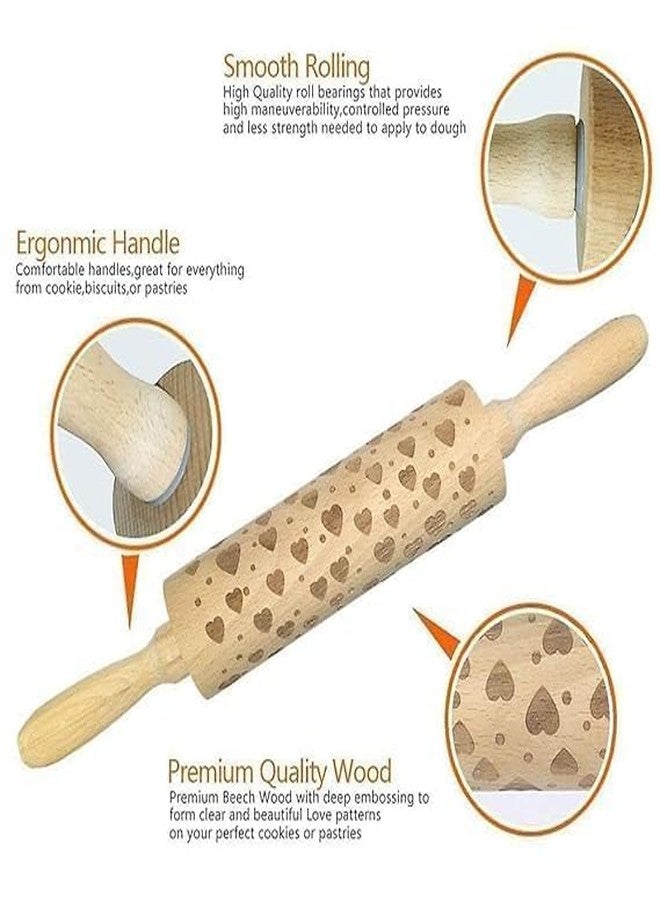 KLIZNIL Dough Dezine Wooden Embossed Rolling Pin with Heart Pattern | Cookie Dough Roller for Baking, Pastry, Fondant, Chapati & Roti Decoration | Engraved Wooden Roller for Cake Decorating - Image 2