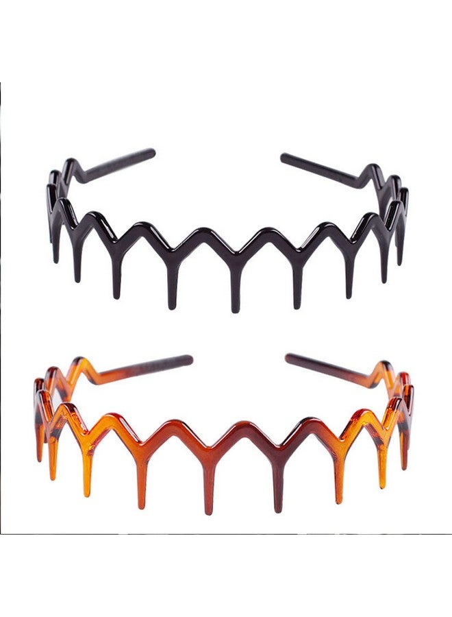 يافيجي 2 قطعة من عصابة الرأس Yafiyg Zigzag البلاستيكية المموجة، مشط شعر أسنان القرش، عصابة رأس للنساء والفتيات والرجال (1 لون أسود + 1 بني) - Image 1