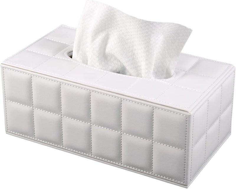 RHCSZ High-end Fashion Pu Leather Tissue Box Holder Cover Rectangular,Napkin Facial Tissues Cube Dispenser,Tissue Cover Decorative Container with Magnetic Bottom for Home Office Car (White) - Image 1