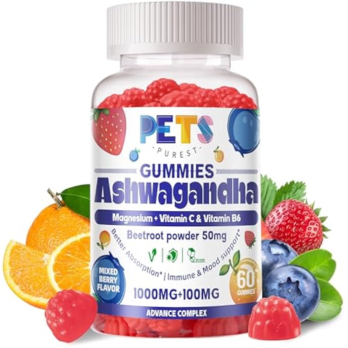 Pets Purest Ashwagandha Gummies & Vitamin D3 Gummies 60 Count - Organic Aswangdha Supplement for Improve Sleep, Stress Relief & Mood Calm(Mixed Berry, Vegan, Plant Based,Gluten-Free & Gelatin Free)-1pack - Image 1