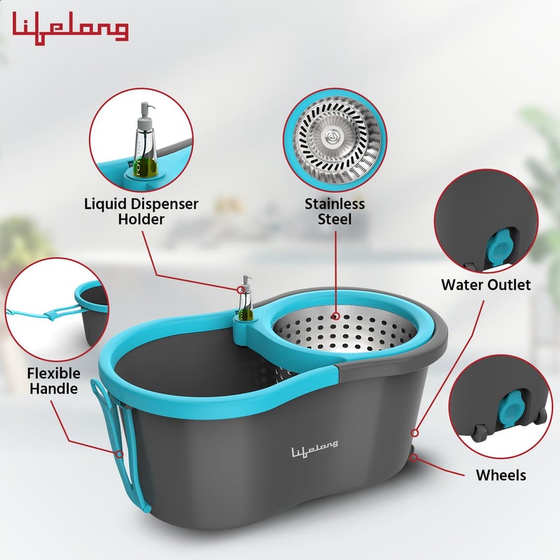 Lifelong Plastic 10L Spin Floor Mop Set With Bucket With 360 Degree Spinner Floor CleaningMopping System Microfiber Refills Blue Llmop902 - Image 4