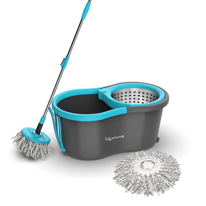 Lifelong Plastic 10L Spin Floor Mop Set With Bucket With 360 Degree Spinner Floor CleaningMopping System Microfiber Refills Blue Llmop902 - Image 1