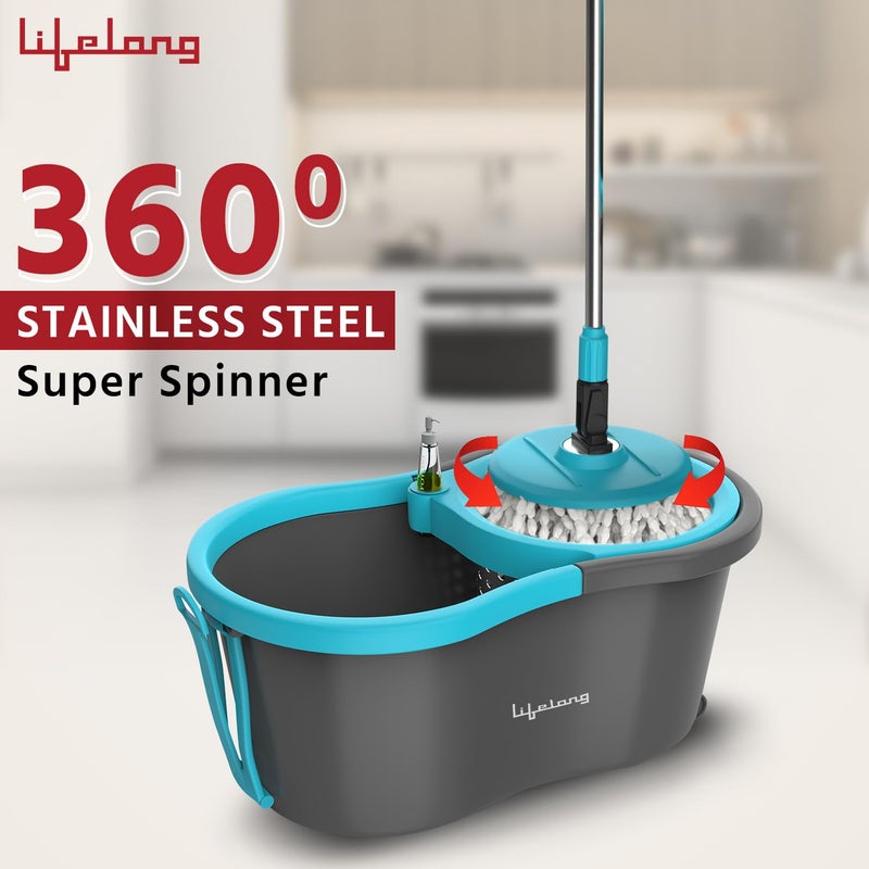 Lifelong Plastic 10L Spin Floor Mop Set With Bucket With 360 Degree Spinner Floor CleaningMopping System Microfiber Refills Blue Llmop902 - Image 2