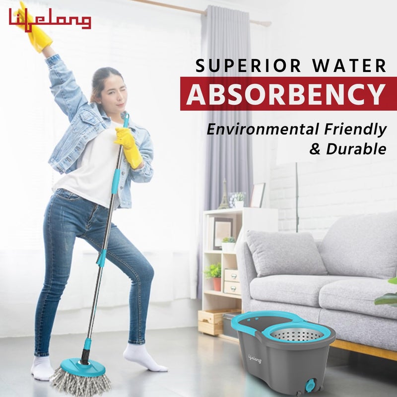 Lifelong Plastic 10L Spin Floor Mop Set With Bucket With 360 Degree Spinner Floor CleaningMopping System Microfiber Refills Blue Llmop902 - Image 3
