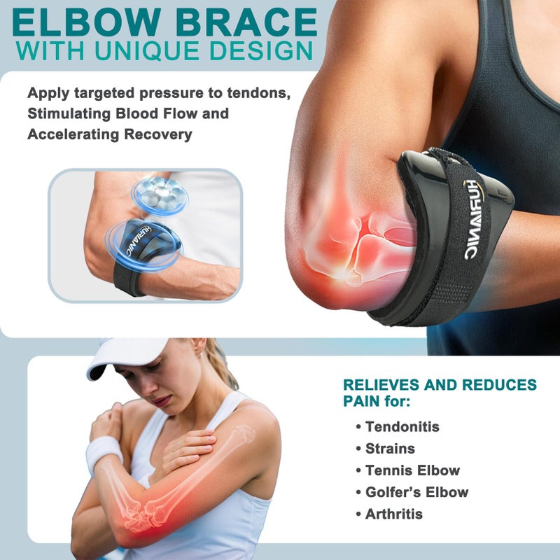 HURIANIC Tennis Elbow Brace for Men & Women, Elbow Strap Support for Tendonitis and Golfers Elbow Pain Relief, Counterforce Forearm Brace Band with Pad Black - Image 2