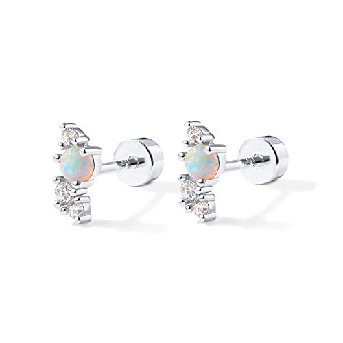 PAVOI Rhodium Plated Solid 925 Sterling Silver Post Cubic Zirconia Flat Back Earrings for Women | Opal Cartilage Earring | Helix Piercing Jewelry | Small Stud Earrings - Image 3