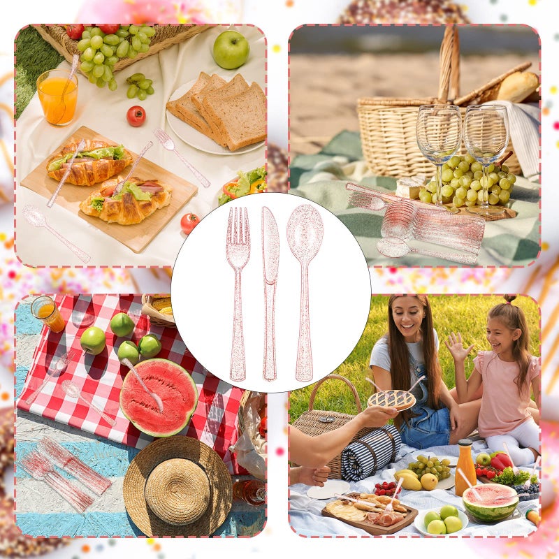 Youyole 150 Pcs Pink Plastic Silverware Set Disposable Flatware Christmas Silverware Includes 50 Forks 50 Spoons 50 Knives Glittery Plastic Cutlery Pink Utensils Set for Birthday - Image 5