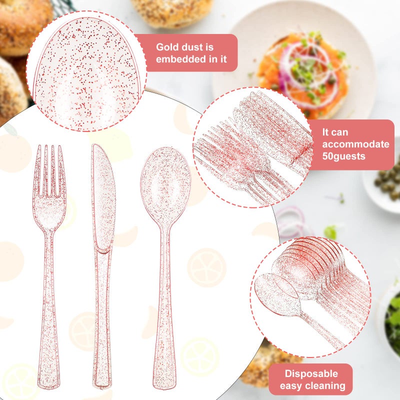 Youyole 150 Pcs Pink Plastic Silverware Set Disposable Flatware Christmas Silverware Includes 50 Forks 50 Spoons 50 Knives Glittery Plastic Cutlery Pink Utensils Set for Birthday - Image 3