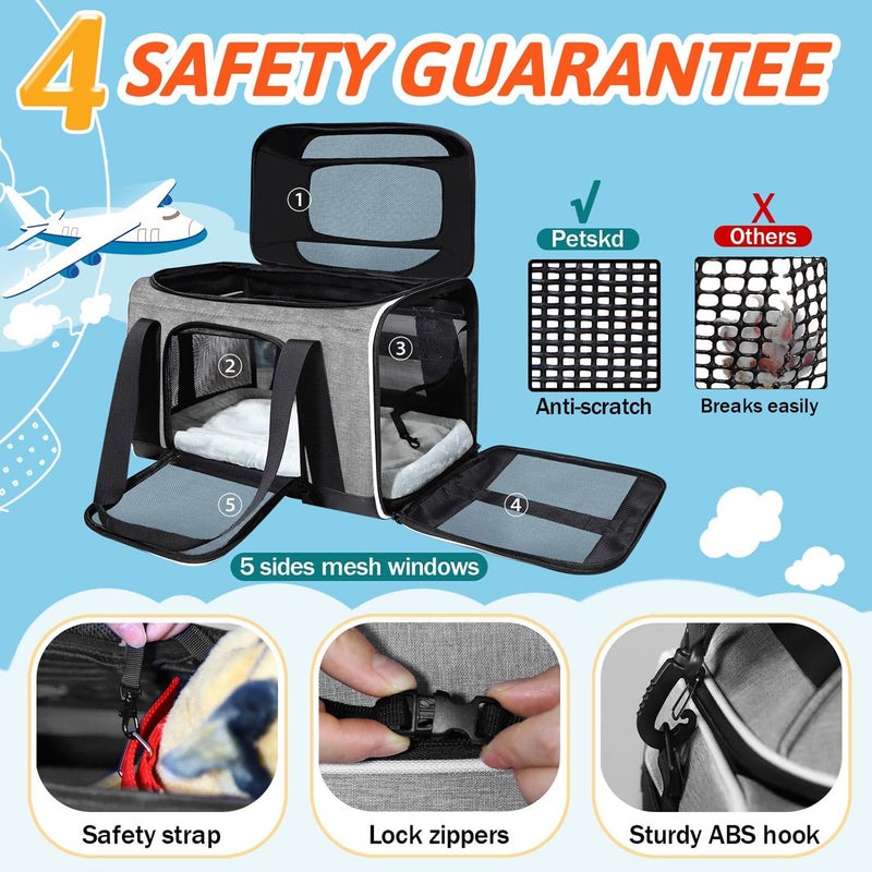 Petskd Top-Expandable Pet Carrier 18x11x11 Inches Delta American United Airline Approved, Soft-Sided Carrier for Small Cats and Dogs with Locking Safety Zippers and Anti-Scratch Mesh(Grey) - Image 5