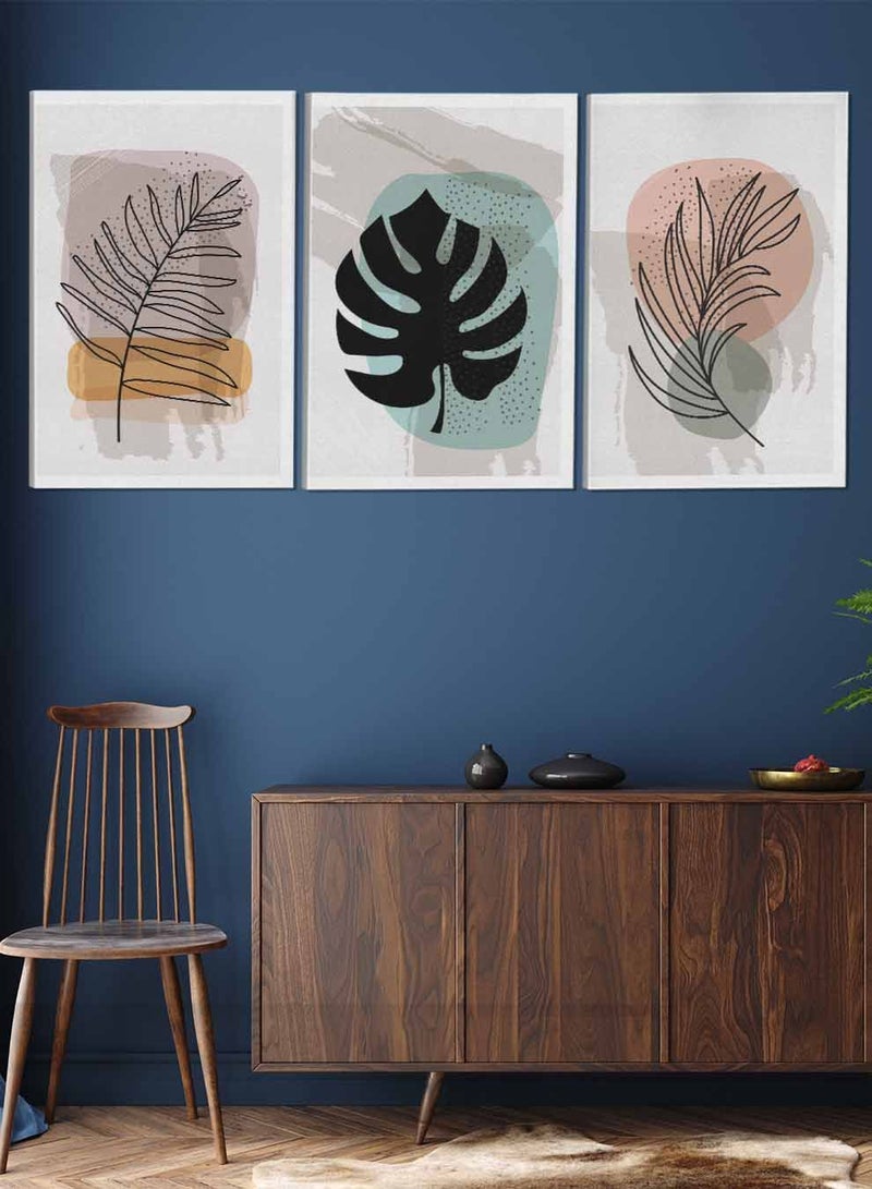 لوحة طقم من ٣ لوحات كانفاس على إطار خشبي تصميم أوراق النبات للمنزل غرفة المعيشة المكتب الديكور - Image 2