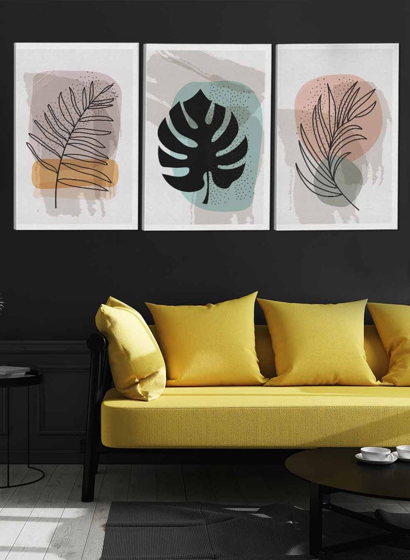 لوحة طقم من ٣ لوحات كانفاس على إطار خشبي تصميم أوراق النبات للمنزل غرفة المعيشة المكتب الديكور - Image 3