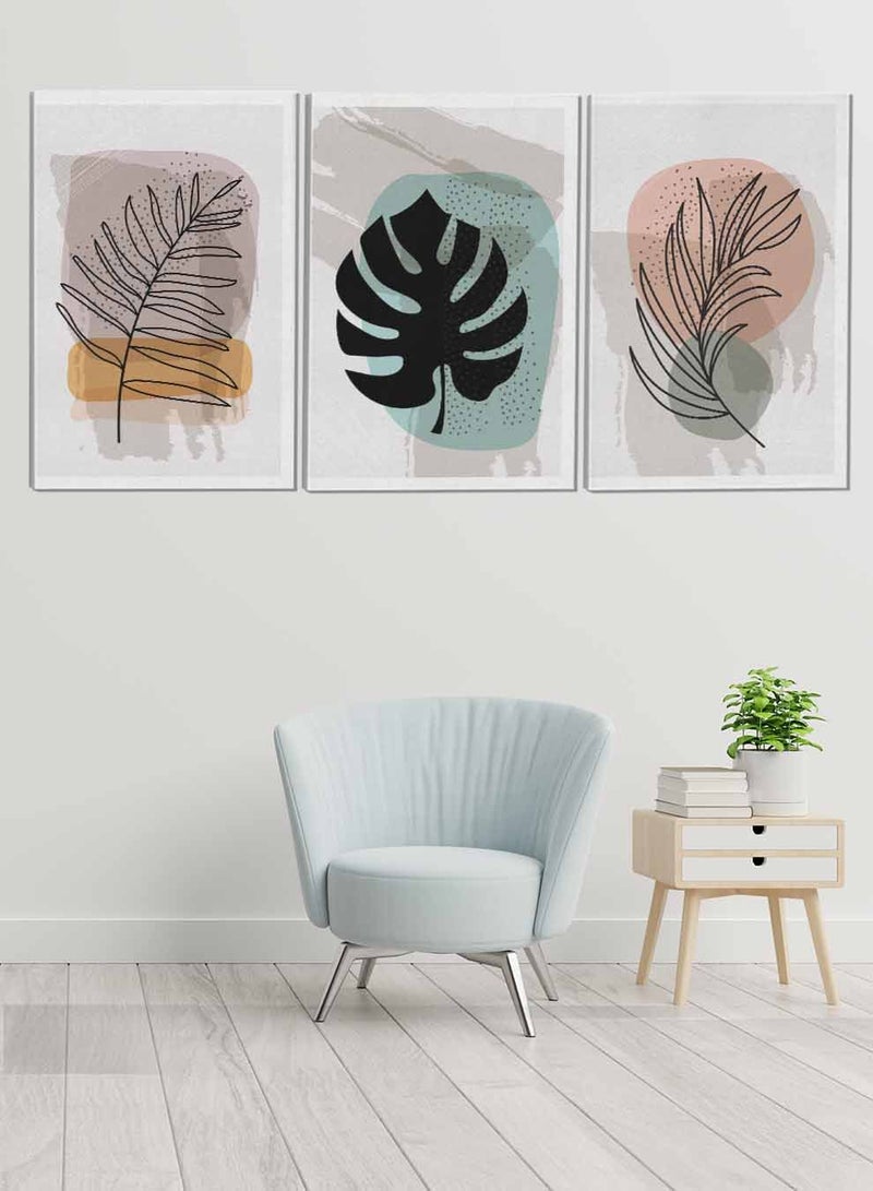 لوحة طقم من ٣ لوحات كانفاس على إطار خشبي تصميم أوراق النبات للمنزل غرفة المعيشة المكتب الديكور - Image 1