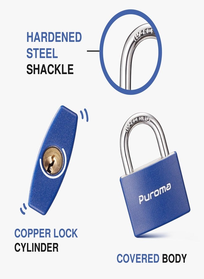 Puroma Lock Keyed Padlock, 2 Pack Aluminum Locks with 3 Keys Alike, 1.1 Inch Locker Lock 43mm Small Padlocks for Gate, Fence, Shed, Toolbox, School Gym Locker (Blue) - Image 3