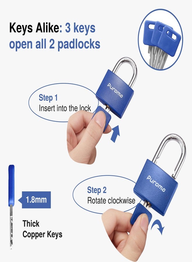 Puroma Lock Keyed Padlock, 2 Pack Aluminum Locks with 3 Keys Alike, 1.1 Inch Locker Lock 43mm Small Padlocks for Gate, Fence, Shed, Toolbox, School Gym Locker (Blue) - Image 2