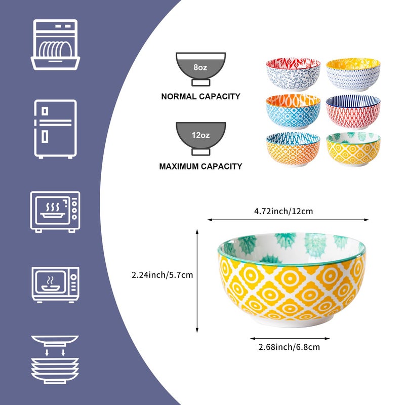 Cerkik Ceramic Dessert Bowls Set - Small 11 Oz Porcelain Ice Cream Bowls for kitchen - 4.7 Inch Cereal Bowls for Salad, Fruits, Ramen - Microwave Dishwasher Safe - Set of 6 - Assorted Colors - Image 4