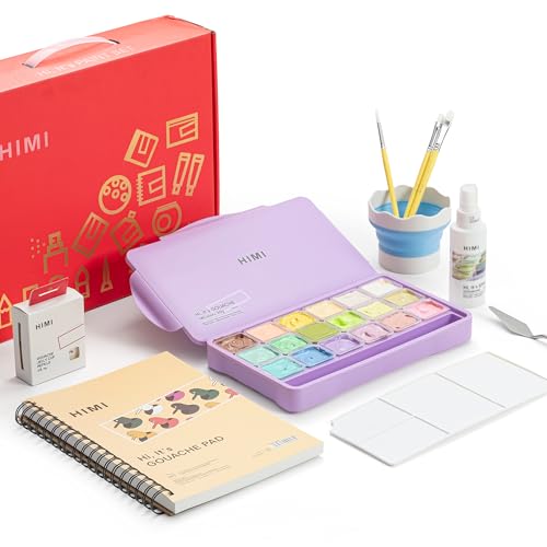 HIMI Deluxe 18 Colors Jelly Gouache Paint Gift Set – Complete Art Kit with Pad, Spray, Palette, Brushes, Painting Knife, Foldable Bucket & Refills for Beginners, Students & Artists (Purple) - Image 4